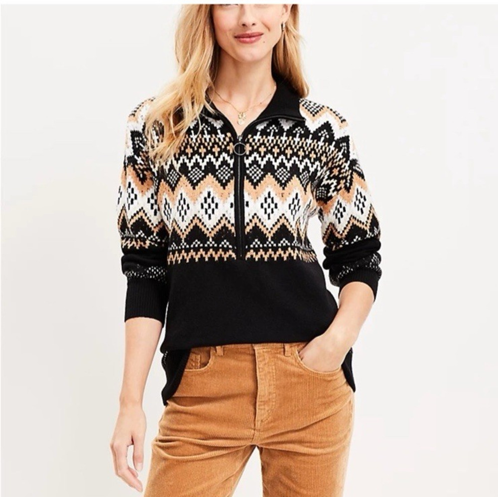 NWT Loft Sweater Half Zip Aztec Southwestern Black Multicolor Size L Relaxed